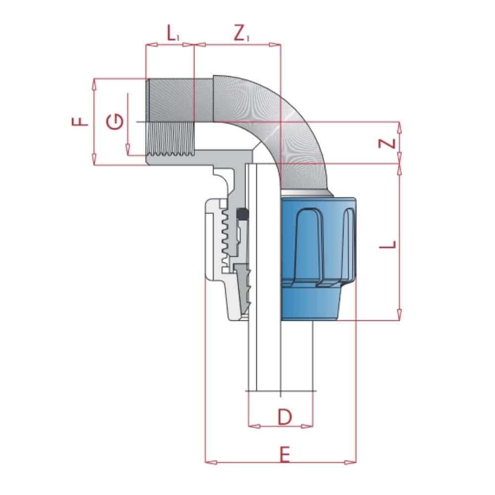 Raccord de tuyau PP PE 90° angle 25 x 3/4" IG-0