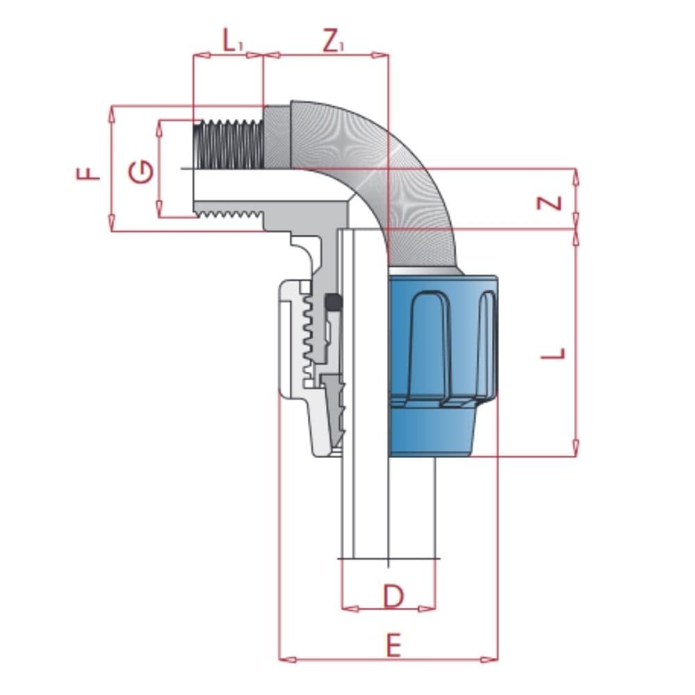 Raccord de tuyau PP PE 90° coude 40 x 1 1/2" AG-0