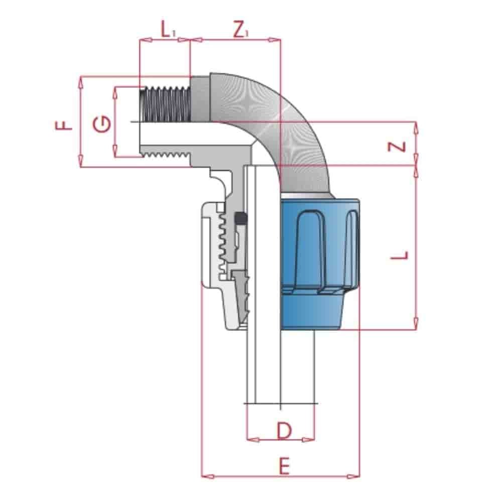 Raccord de tuyau PP PE 90° angle 40 x 1 1/2" AG-0