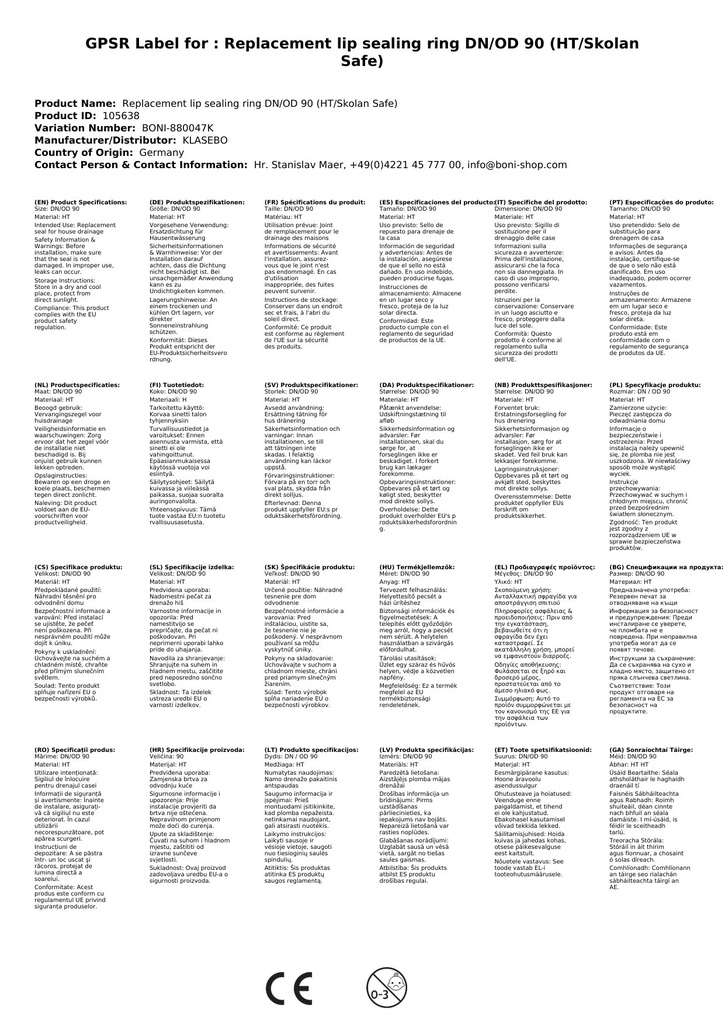 Joint à lèvre de rechange DN/OD 90 (HT/Skolan Safe)-2