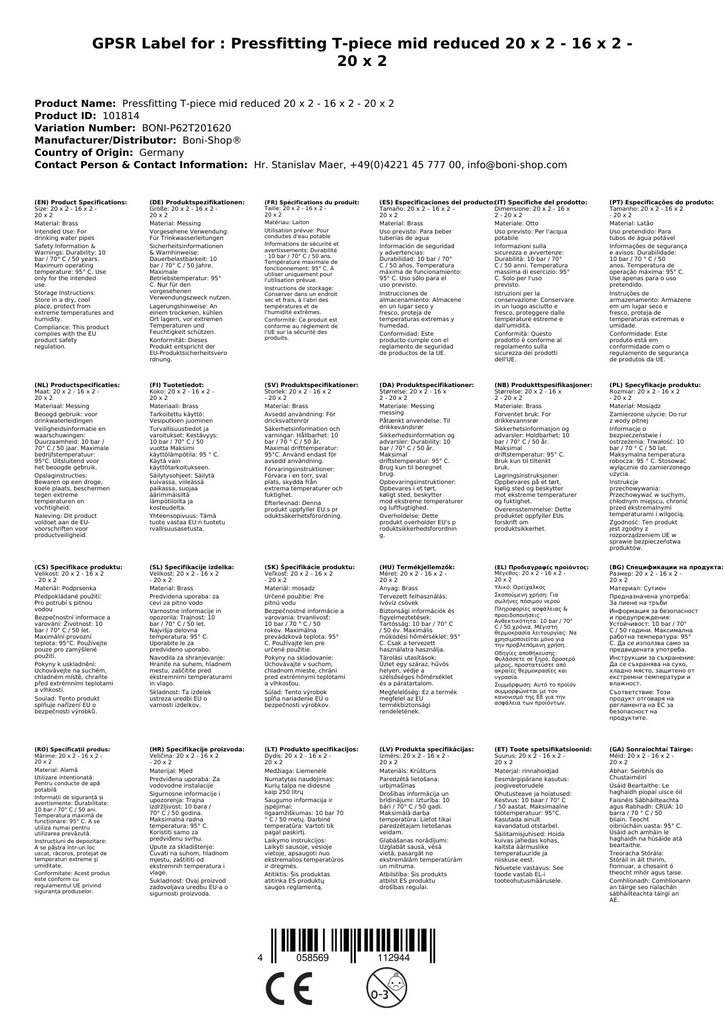 Raccord à sertir T-réduit au milieu 20 x 2 - 16 x 2 - 20 x 2-3