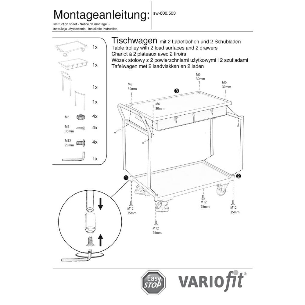 Chariot de table 250 kg avec 2 tiroirs verrouillables, grande poignée de poussée + EasySTOP-0