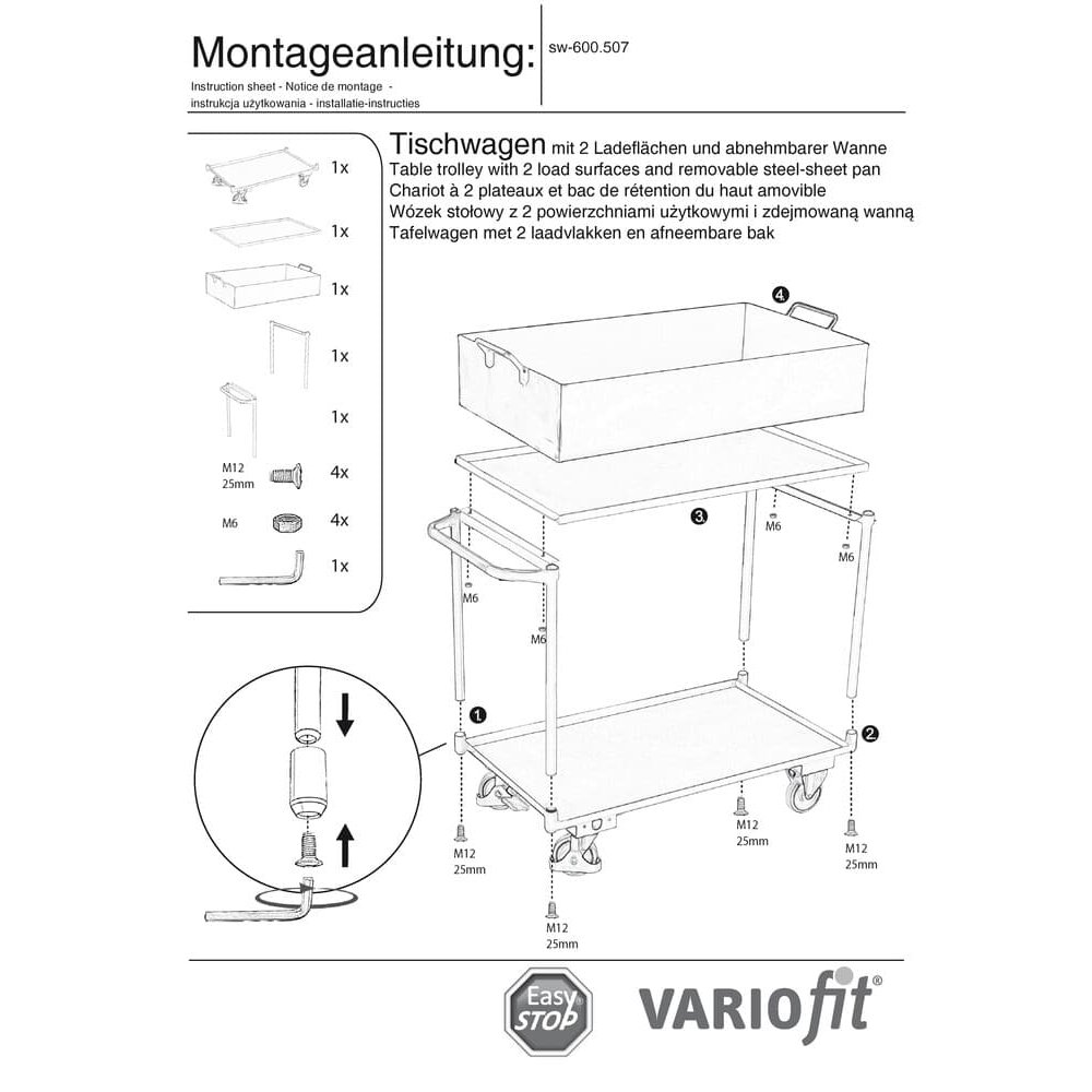 Chariot de table à 2 niveaux avec bac en tôle d'acier amovible + EasySTOP-0