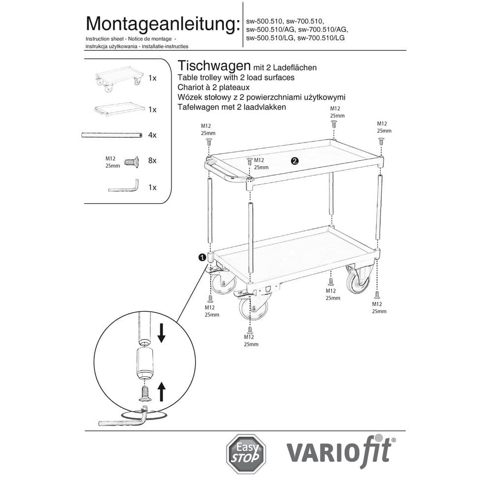 Grand chariot de table avec 2 niveaux, rebord de la baignoire 40 mm de haut + EasySTOP-1