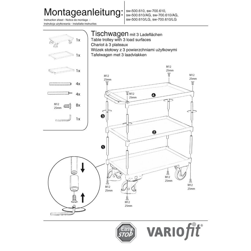 Grand chariot de table avec 3 niveaux, rebord de cuve de 40 mm de hauteur + EasySTOP-1