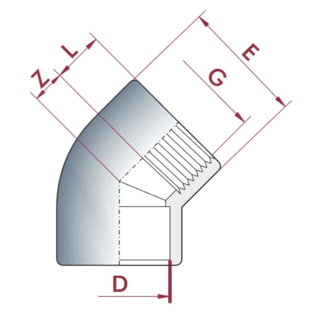 PVC-U 45°Coude Manchon x IG 20 mm x 1/2"PN10-0