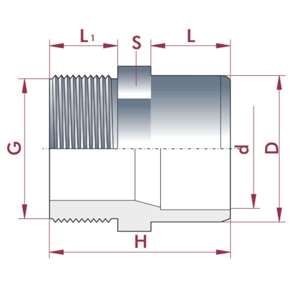 PVC-U Raccord de transition Manchon x AG 32-25mm x 1" PN10-0