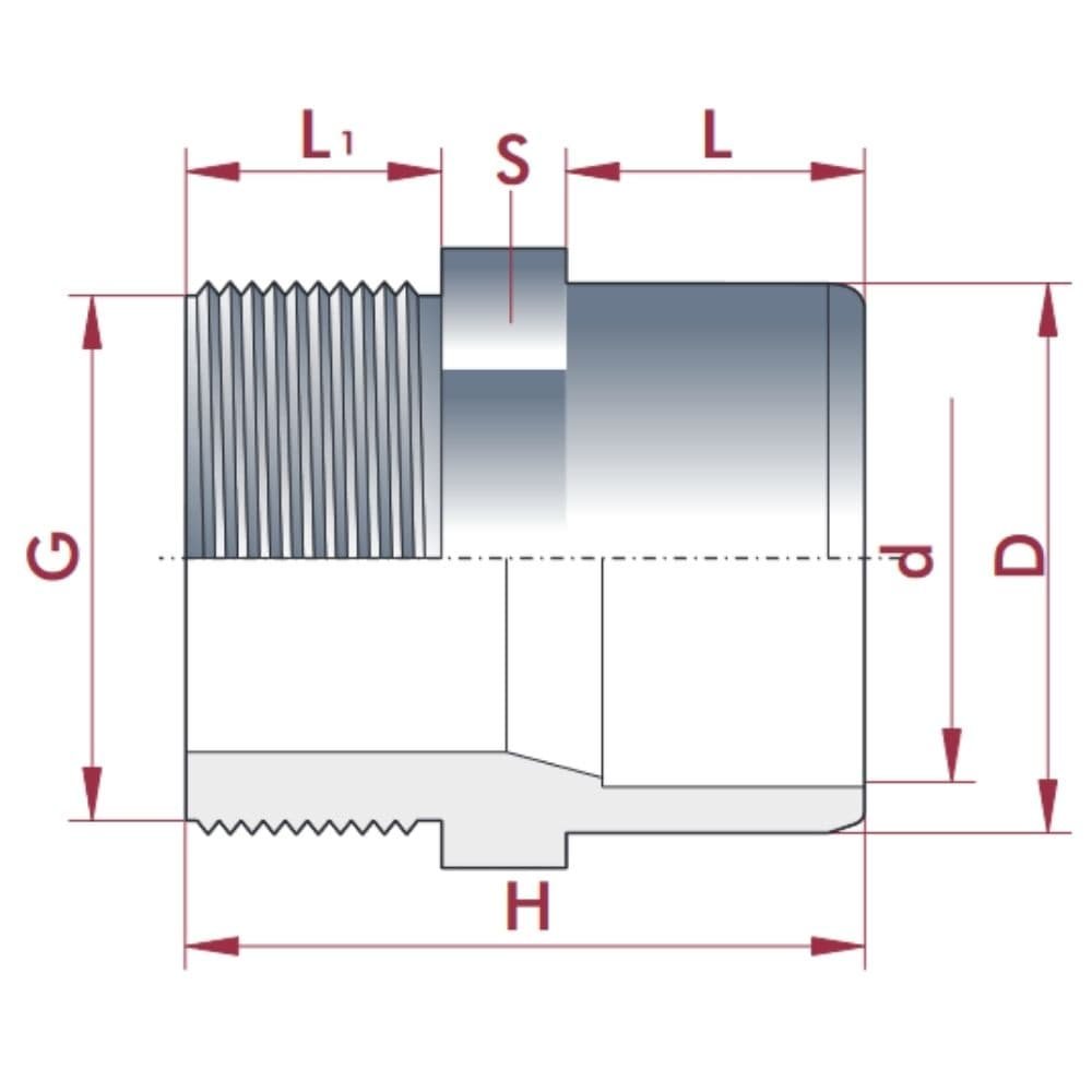 PVC - U Raccord de transition Manchon x AG 50-40mm x 1 1/4" PN10-0