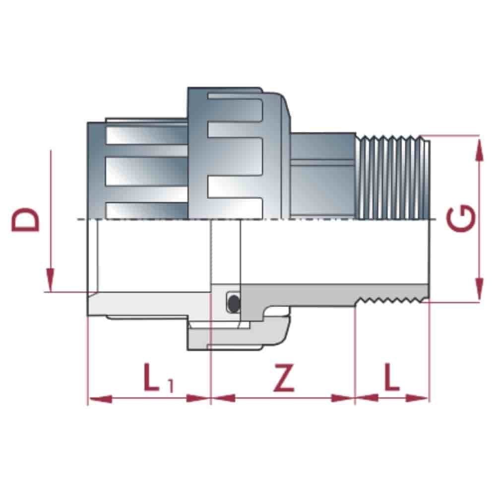 PVC - U Raccord union manchon à coller x AG 63 mm x 2"-1