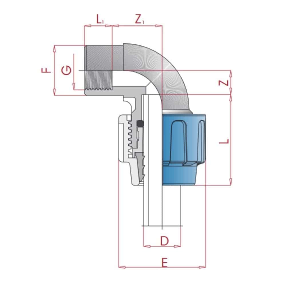 Raccord de tuyau PP PE coudé 90° 16 x 1/2" IG-0