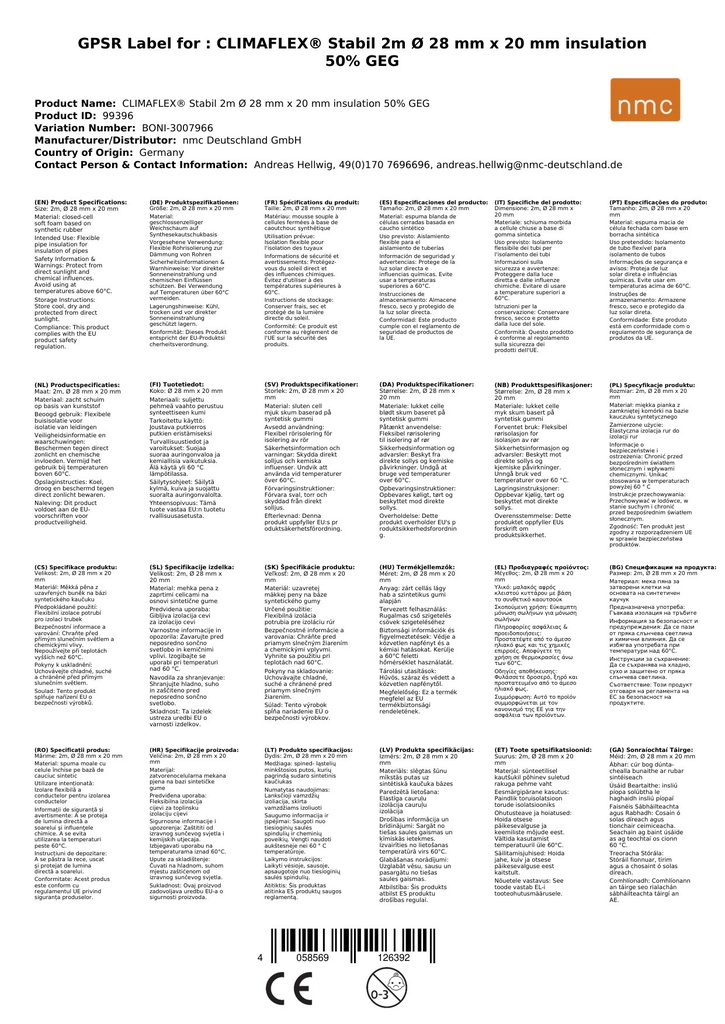 CLIMAFLEX® Stabil 2m Ø 28 mm x 20 mm Isolation 50% GEG-1