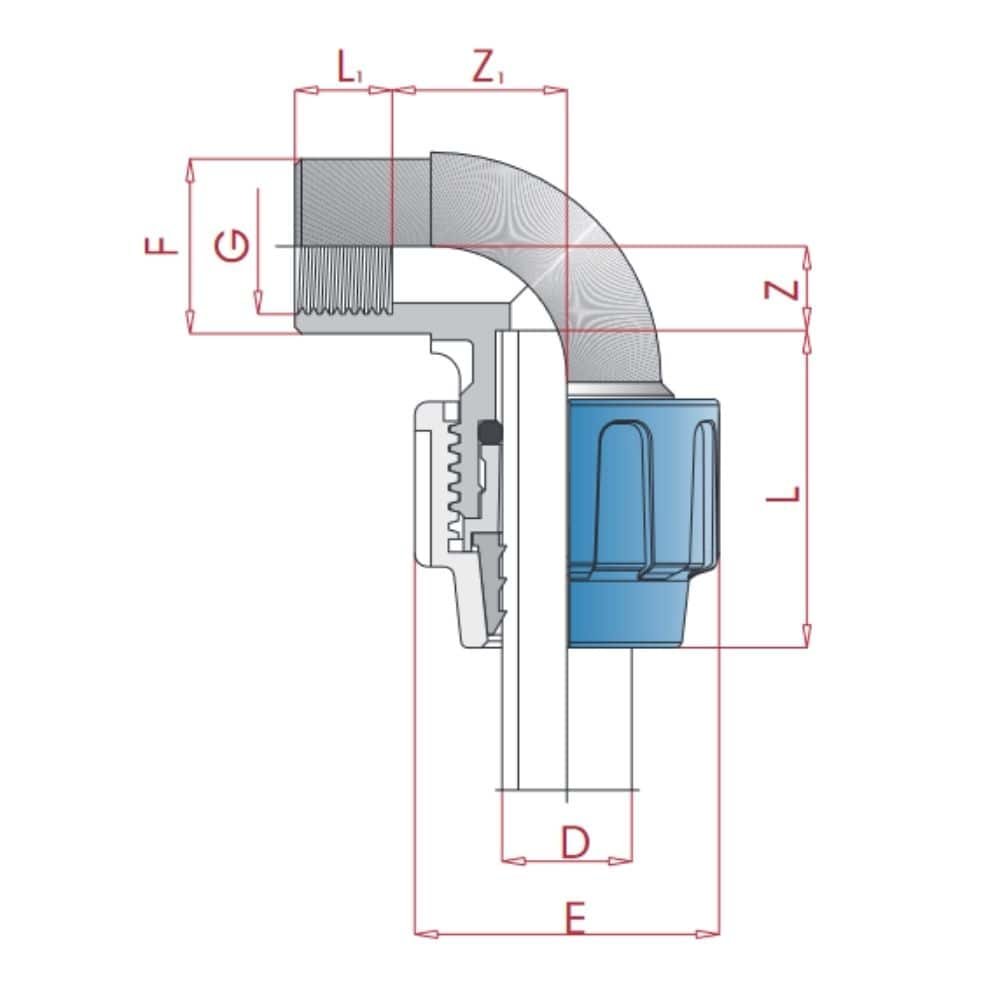 Raccord de tuyau PP PE 90° coude 40 x 3/4" IG-0