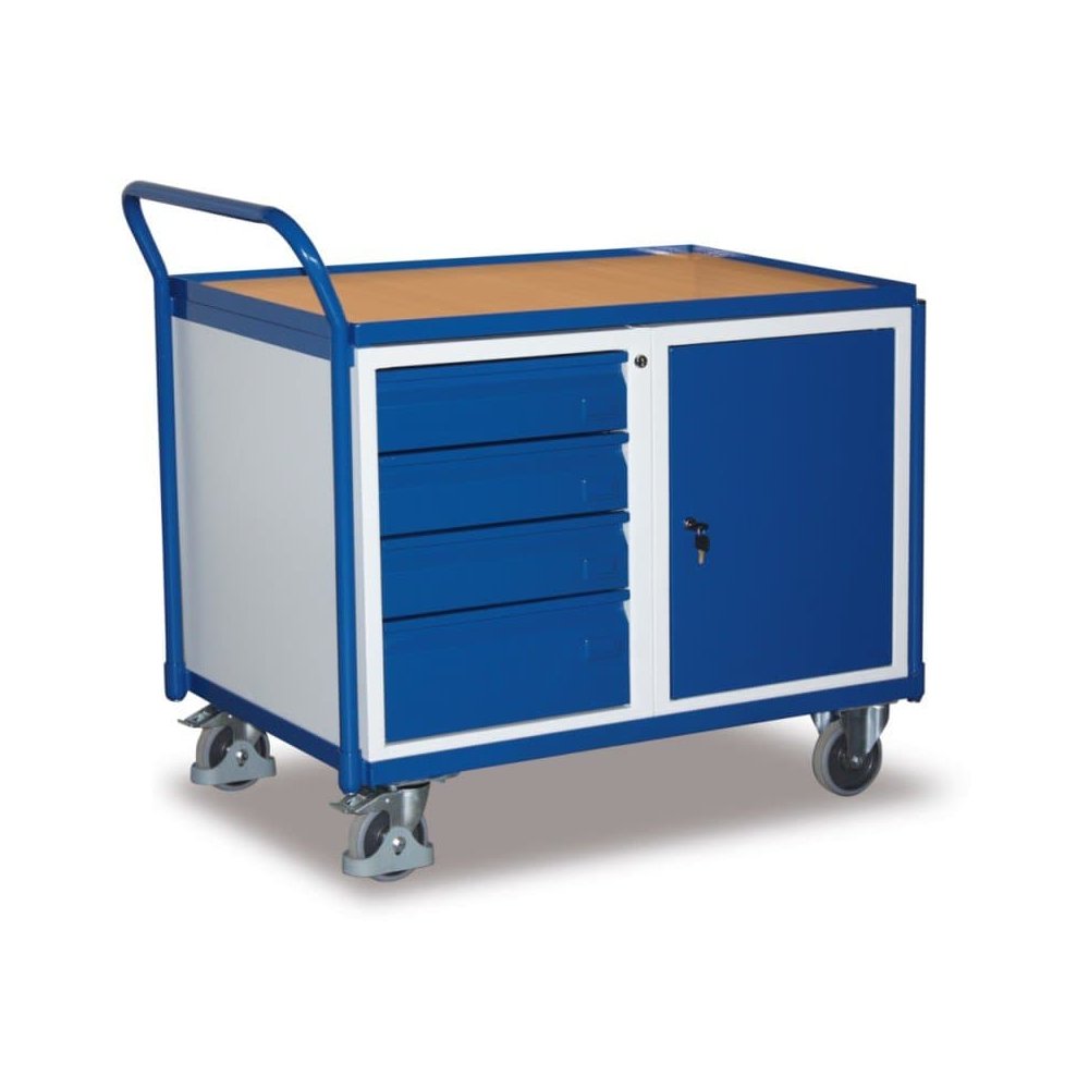 Chariot d'atelier avec 1 surface de chargement, 4 tiroirs, 1 armoire + EasySTOP