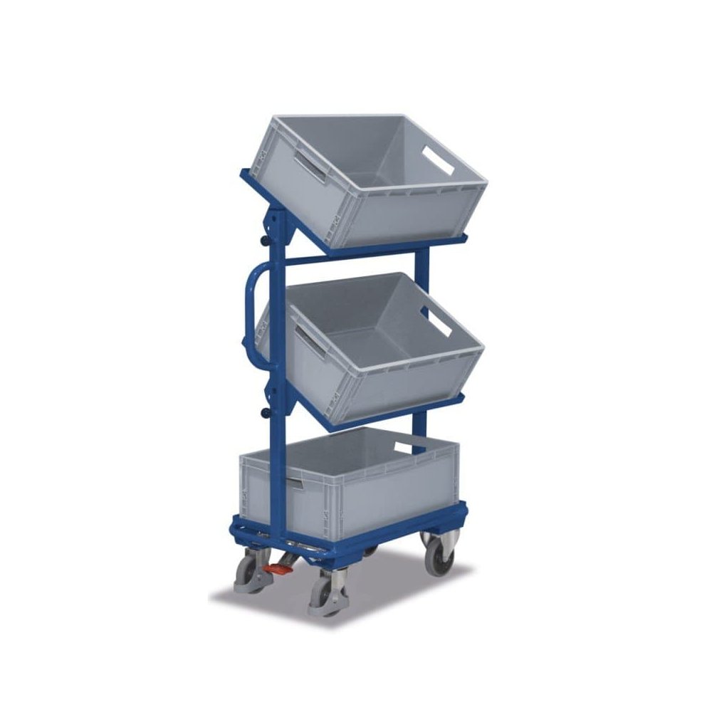 Chariot latéral ouvert avec 3 bacs en plastique inclinables + EasySTOP