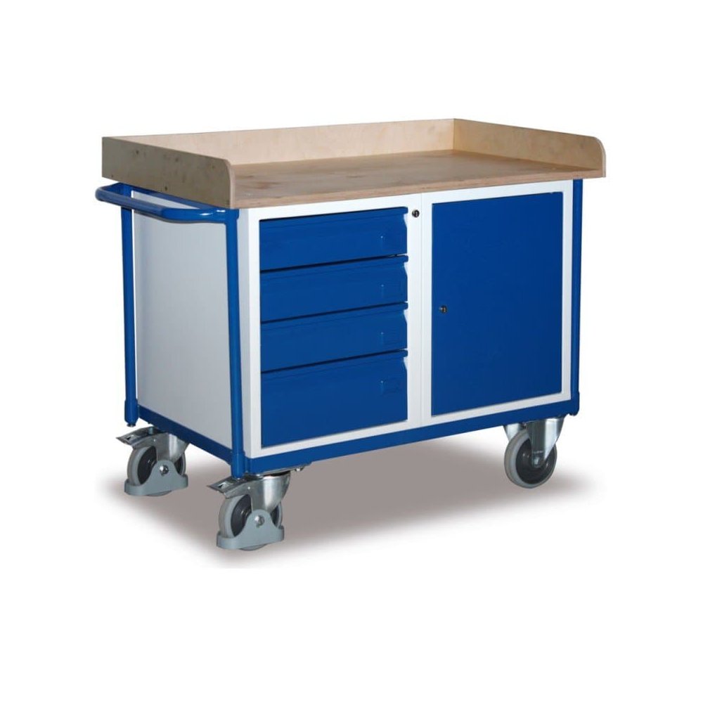 Chariot d'atelier avec 1 plateau, 1 armoire, 4 tiroirs + EasySTOP