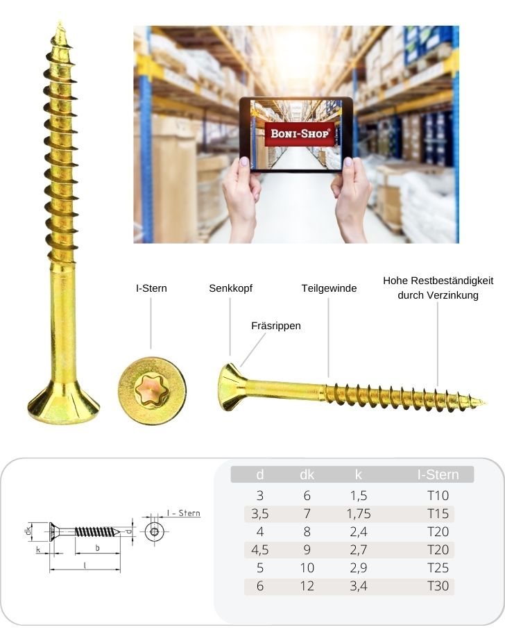 Vis pour panneaux de particules 3,0 x 45 mm 1000 pièces avec étoile I, tête fraisée, filetage partiel et nervures de fraisage sous la tête-4